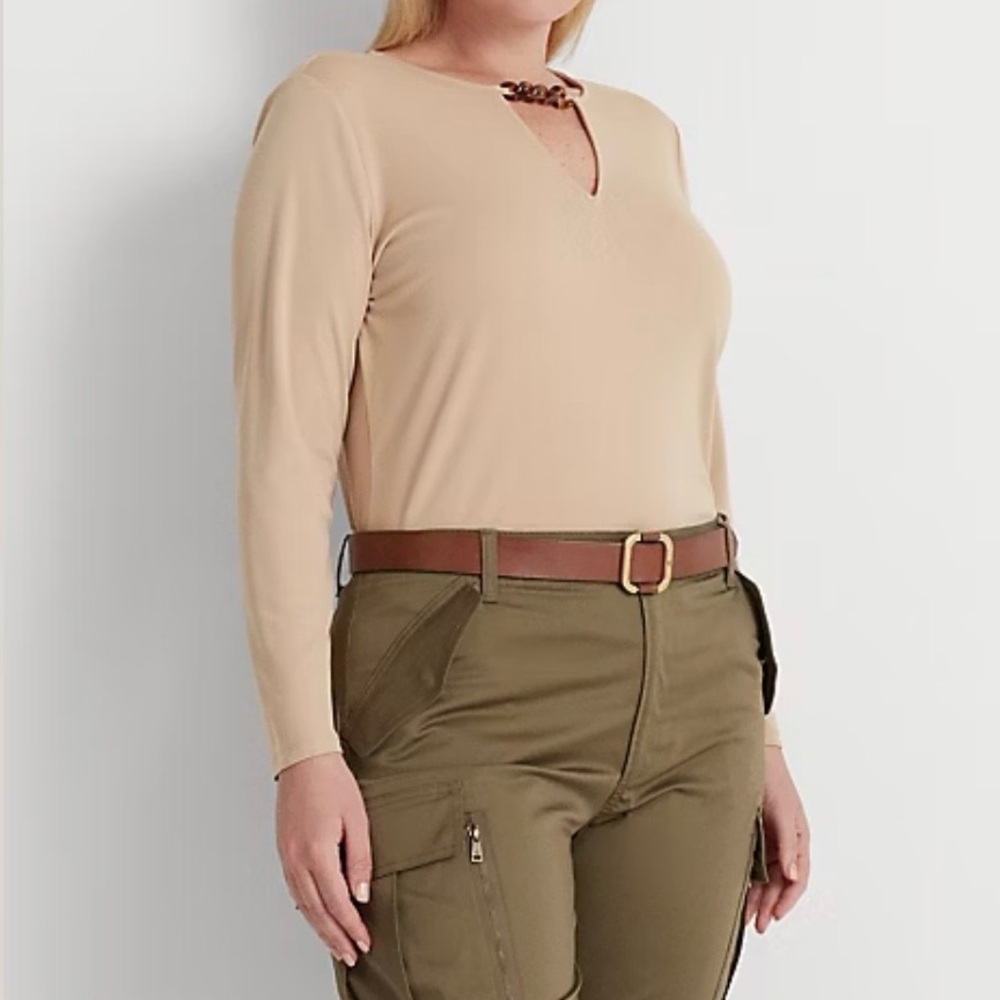 NWT Women Lauren Ralph Lauren Classic Beige Chain-Trim Stretch Jersey Top Sz 3X